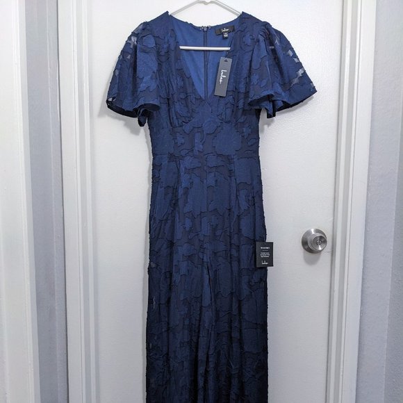 Lulus Navy Blue Floral Burnout Flutter Sleeve Jumpsuit - Picture 5 of 5